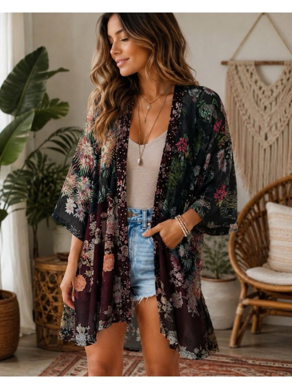 Sacred Threads Boho Kimono Cardigan S/M Floral Leopard Festival Patchwork Tropic